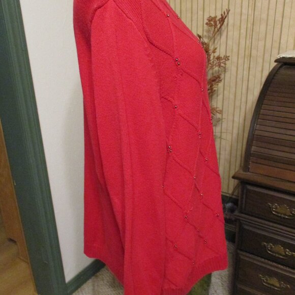 Karen Scott Red Cable Beaded Diamond Knit Pattern Pullover Sweater Sz. XL - Picture 3 of 5